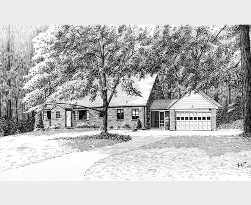 Pen and Ink rendering of a home in Maryland. Approx. 11 x 17 in.